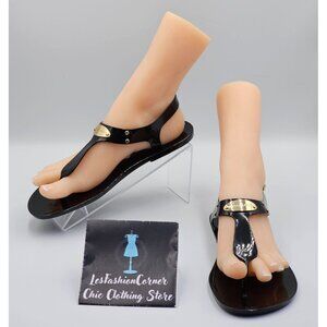 Michael Kors Women's Black Jelly Gold Logo Plate Thong Sandals Size 8M 2648